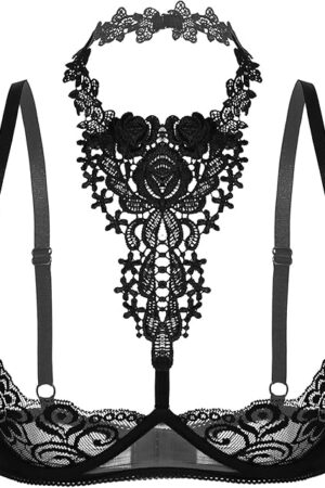 Women's Sexy 1/4 Cup Lace Bra Balconette See Through Push Up Underwire Shelf Bra Tops