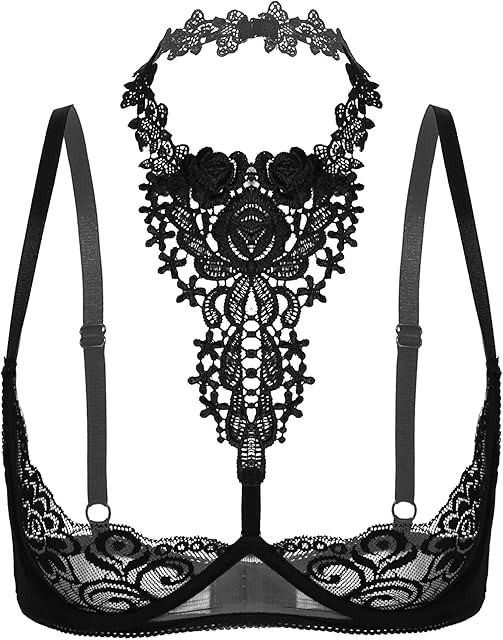 Women's Sexy 1/4 Cup Lace Bra Balconette See Through Push Up Underwire Shelf Bra Tops