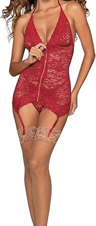womens Back Tie Garter Slip Lingerie Set, Garnet, One Size US