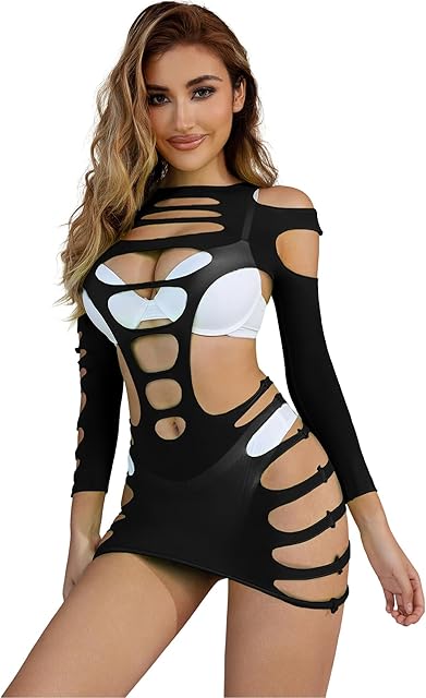 Women Sexy Chemise Lingeries Dress Hollow Out Long Sleeve Mesh Fishnet Badydoll Sleepwear Mini Dress Party