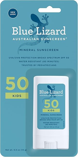 BLUE LIZARD Mineral Sunscreen Stick with Zinc Oxide SPF 50+ Water Resistant UVA/UVB Protection Easy to Apply Fragrance Free, Kids, Unscented, 05 oz