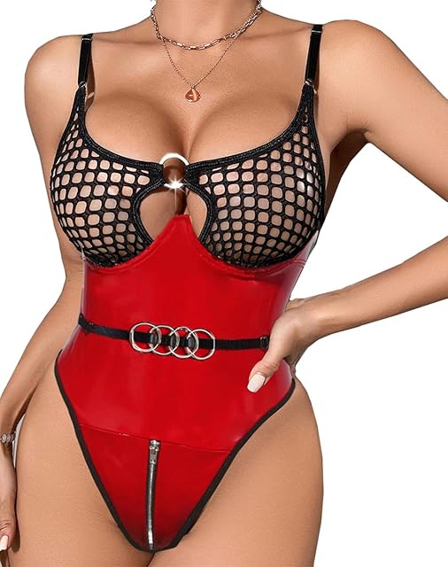 Leather Lingerie Bodysuit For Women Sexy Wet Look Clubwear Shiny Body Suit Underwire Fishnet Nightout With Zipper