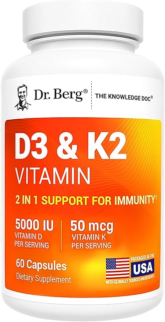 Dr Berg Maximum Strength 7-in-1 Vitamin D3 K2 5000 IU | Naturally Derived D3 | 4X Lab-Tested & Verified | High Absorption Formula | K2 D3 Vitamin Supplement - 60 Capsules