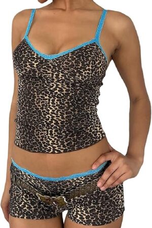 Women Leopard Print 2 Piece Shorts Set Spaghetti Strap V Neck Cami Top with Shorts Matching Pajamas Loungewear Set
