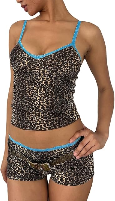 Women Leopard Print 2 Piece Shorts Set Spaghetti Strap V Neck Cami Top with Shorts Matching Pajamas Loungewear Set
