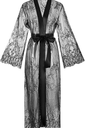 Women's Sexy Long Lace Kimono Robe See Through Babydoll Lingerie Mesh Nightgown Sheer Wedding Gown Swimsuit Cover Up