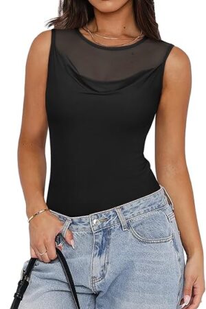 Women's Crew Round Neck Sleeveless Shirts Sexy Sheer Mesh Top 2025 Trendy Going Out Bodysuits Tops