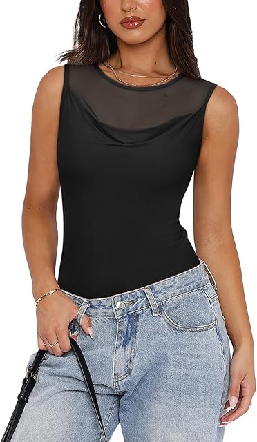 Women's Crew Round Neck Sleeveless Shirts Sexy Sheer Mesh Top 2025 Trendy Going Out Bodysuits Tops