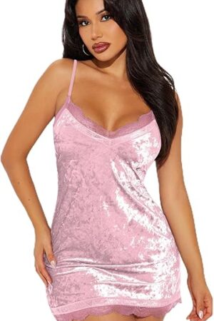 Womens Lace Velour Nightgown Sexy Chemise Sleepwear for Women, V-Neck Soft Satin Lingerie Sleeveless Velvet Cami Tank Negligee Nightie Bridal Nightshirt Spaghetti Strap Sleep Dress Pink