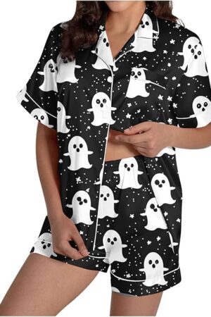 Halloween Pajamas Women Cute Fall Pj Sets Spooky Pumpkin Shirt and Soft Silk Shorts 2 Piece Loungewear Sets 2025