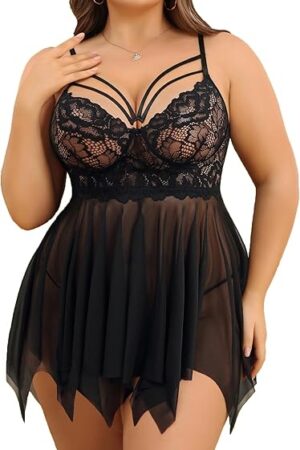Babydoll Lingerie for Women Strappy Nightdress Sexy Nightgowns Bridal Chemise Plus Size Lace Langeray L-4XL