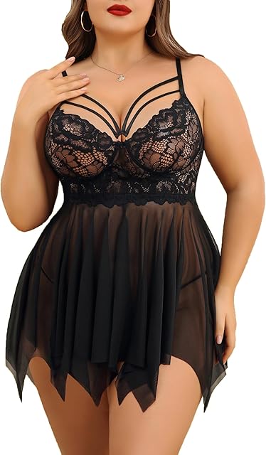 Babydoll Lingerie for Women Strappy Nightdress Sexy Nightgowns Bridal Chemise Plus Size Lace Langeray L-4XL