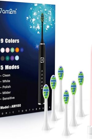 7AM2M Sonic Electric Toothbrush with 6 Brush Heads for Adults&Kids, One Charge for 120 Days, Wireless Fast Charge, 5 Modes, 40000VPM Powered Toothbrush, 2 Minutes Built in Smart Timer -Pink