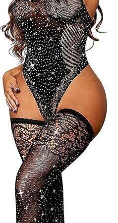 Fishnet Bodysuit Sexy Sparkle Rhinestone Mesh Lingerie Lace Bodystocking Babydoll Jumpsuit Hollow Crop Top with Tights Outfit