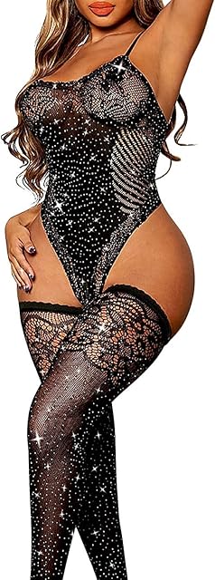 Fishnet Bodysuit Sexy Sparkle Rhinestone Mesh Lingerie Lace Bodystocking Babydoll Jumpsuit Hollow Crop Top with Tights Outfit