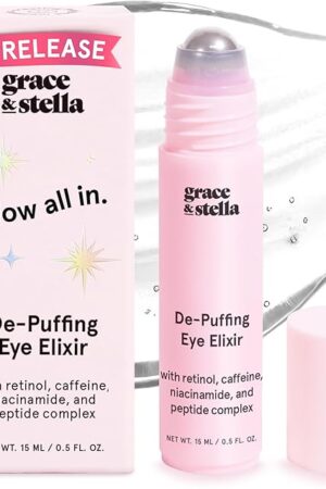 grace & stella Under Eye Brightener Roller - Airplane Travel Essentials - Travel Size Toiletries - Retinol & Caffeine Eye Serum for Puffiness, Dark Circles, Wrinkles - Vegan Skincare (15ml / 051floz)