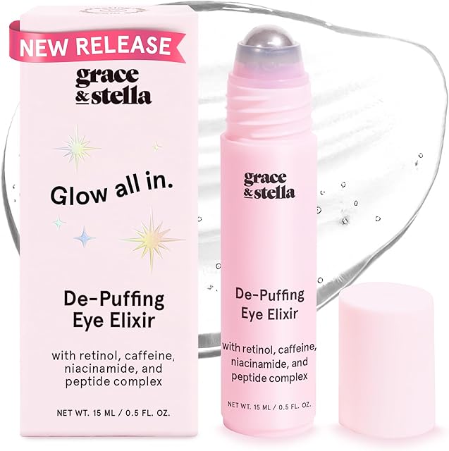 grace & stella Under Eye Brightener Roller - Airplane Travel Essentials - Travel Size Toiletries - Retinol & Caffeine Eye Serum for Puffiness, Dark Circles, Wrinkles - Vegan Skincare (15ml / 051floz)