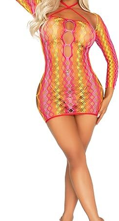 Womens 2 PC Zig Zag Fishnet Lingerie Dress for Women Sexy Mini Dress with Keyhole Detail and Long Sleeve Shrug, Multicolor, One Size