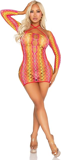 Womens 2 PC Zig Zag Fishnet Lingerie Dress for Women Sexy Mini Dress with Keyhole Detail and Long Sleeve Shrug, Multicolor, One Size