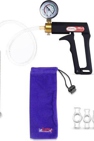 LeLuv Penis Pump Maxi Black Handle Installed Gauge - Bundle with Clear Hose, 4 Sizes of Constriction Rings - 9 inch Length x 1.75 inch Diameter Cylinder