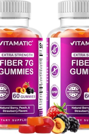 Vitamatic Prebiotic Fiber Gummies for Adults ? 2 Pack (Total 120 Gummies) 7g Fiber per Serving | Extra Strength | Zero Sugar Added | Pectin-Based | Digestive Health & Regularity Support
