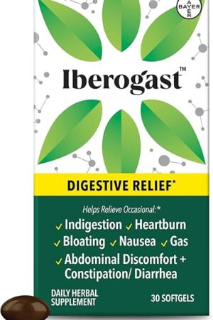 Iberogast Softgels, Herbal Relief of Stomach Upsets: Occasional Indigestion, Bloating, Gas, Nausea, Upset Stomach; 6-Herb Blend with Iberis Amara, Peppermint, Licorice, Lemon Balm; 30ct