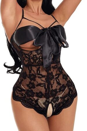 Women Teddy Lingerie Floral Lace Bodysuit Bow Front One Piece Babydoll Mini Bodysuit S-XXL
