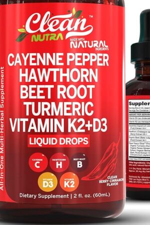 Clean Nutra Cayenne Pepper Drops Supplement Liquid + Hawthorn Berry, Vitamin D3 K2 Beet Root Powder, Ceylon Cinnamon, Turmeric Curcumin, Organic Panax Ginseng, Berberine Extract 1 Pack