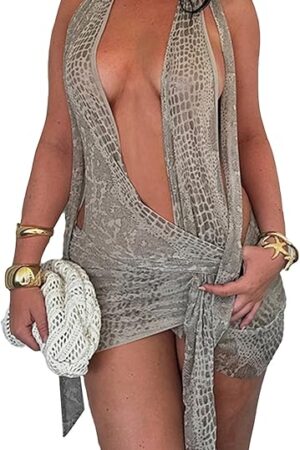 Women Lingerie Nightdress Sexy Deep V Neck Snake Print Halter Backless Bodycon Mini Short Sleepwear Tie-up Dress