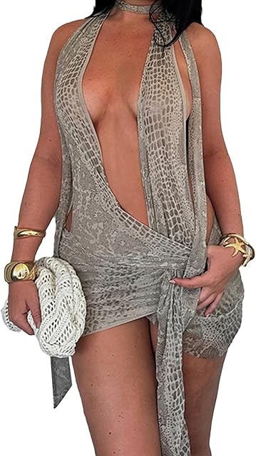 Women Lingerie Nightdress Sexy Deep V Neck Snake Print Halter Backless Bodycon Mini Short Sleepwear Tie-up Dress