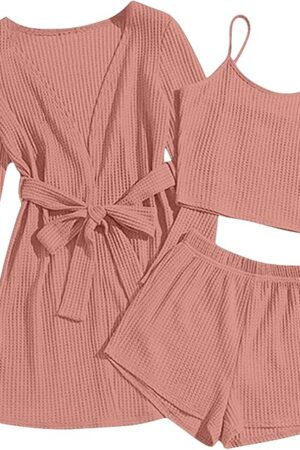 Womens 3 Piece Pajama Set Cami Tank Top Elastic Waist Shorts and Cardigan Loungewear 2025 Summer Lounge Sets Sleepwear