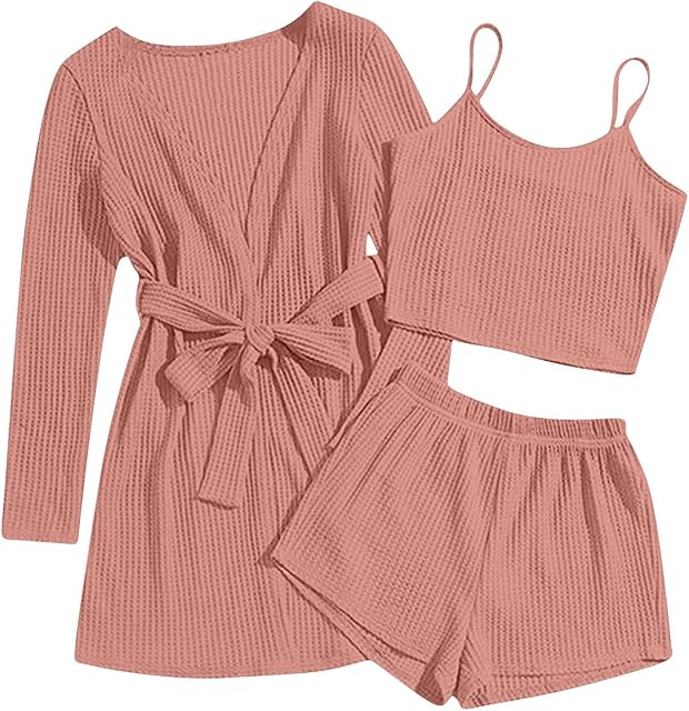 Womens 3 Piece Pajama Set Cami Tank Top Elastic Waist Shorts and Cardigan Loungewear 2025 Summer Lounge Sets Sleepwear