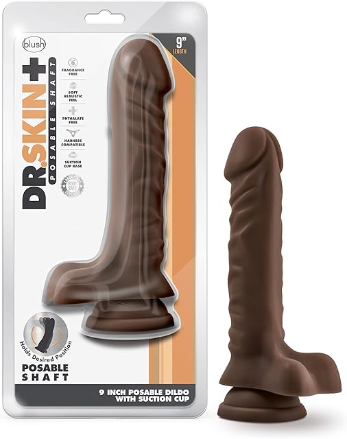 Blush Novelties Dr. Skin Plus, 9 Inch Realistic Posable Dildo with Balls - Suction Cup Base for Hands Free Play and Harness Compatible - Triple Density and Flexible Sex Toy for Him Her Couples