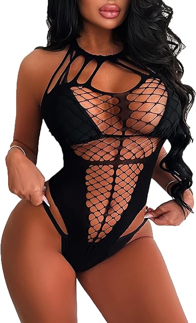 Women Lingerie Fishnet Bodysuit Sparkle Rhinestone Sexy Mesh Teddy Lingerie Cutout One Piece Lingeries