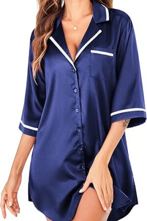 Women's Nightgown Silk Sleep Shirt Satin Button Down Nightshirt 3/4 Sleeve Notch Collar Sleepwear S-XXL