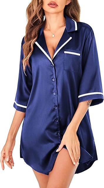 Women's Nightgown Silk Sleep Shirt Satin Button Down Nightshirt 3/4 Sleeve Notch Collar Sleepwear S-XXL