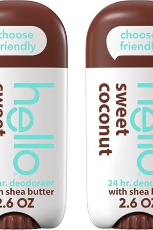 hello Sweet Coconut Deodorant With Shea Butter for Women + Men, Aluminum Free, Baking Soda Free, Parabens Free, 24 Hour Odor Protection, 2.6 Ounce, 2 Pack