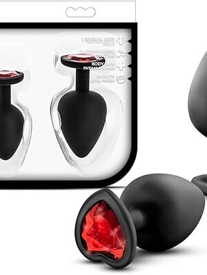 Blush Novelties Luxe - Bling Anal Plugs - Beginner Training Kit of 3 Sizes Set - Puria Silicone Buttplug - Heart Shaped Base with Ruby Red Gem - Adult Anal Sex Toy - Black