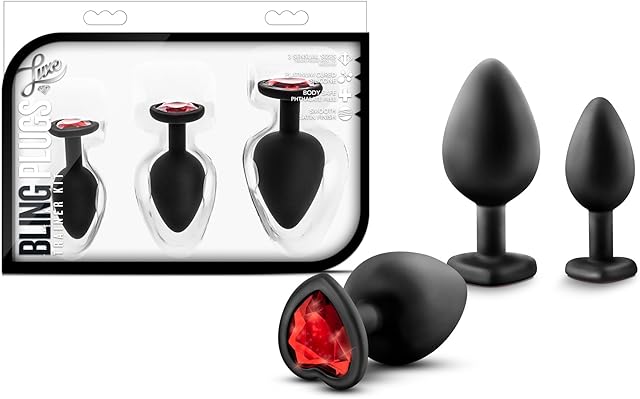 Blush Novelties Luxe - Bling Anal Plugs - Beginner Training Kit of 3 Sizes Set - Puria Silicone Buttplug - Heart Shaped Base with Ruby Red Gem - Adult Anal Sex Toy - Black