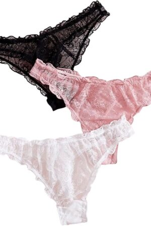 Women's 3 Pack Mesh Lace Thong Panties Cute Ruffle Hipster Briefs Coquette Underwear