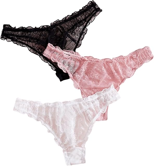 Women's 3 Pack Mesh Lace Thong Panties Cute Ruffle Hipster Briefs Coquette Underwear