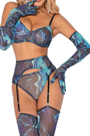 Women Sexy Lingerie Gradient Print Teddy Babydoll Mesh 5-piece underwear set