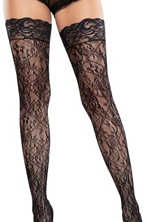 Womens Cross Hatch and Floral Lace Stay Up Thigh High Stockings for Women Sexy, Black, One Size