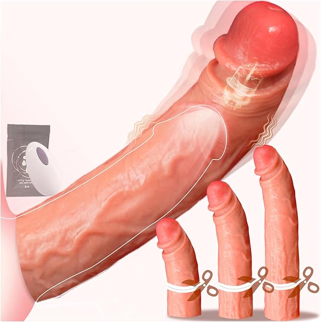 Vibrating Penis Sleeve, Trim-to-fit Liquid Silicone Realistic Cock Sleeve Ring, Couples Male Adult Sex Toys for Men Women,Remote Control Penis Extender Enlarger Dildo Vibrator,Girth Enhancer Extension