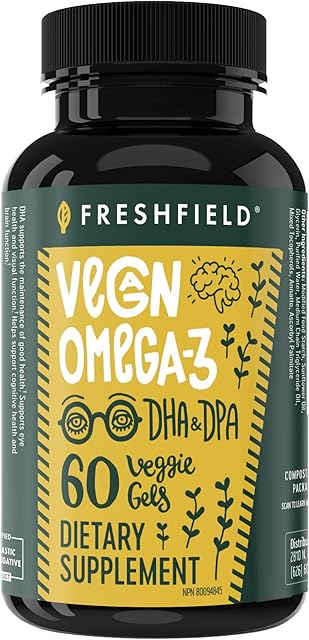 Freshfield Vegan Omega 3 DHA: Algae Oil, Most Reviewed, Carrageenan Free, Sustainably Sourced, Tested, No Heavy Metals, Fish Oil Alt, Plant Based Omega Supports Heart, Brain, Joint Health w/DPA