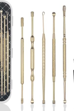 Hion 6 Pcs Extended Ear Wax Removal Kit,Professional Double-Headed Ear Pick Earwax Removal Tools,316L Stainless Steel Ear Cleaner Curette with Cleaning Brush and Storage Box,Suit for Kid Adult(Gold)