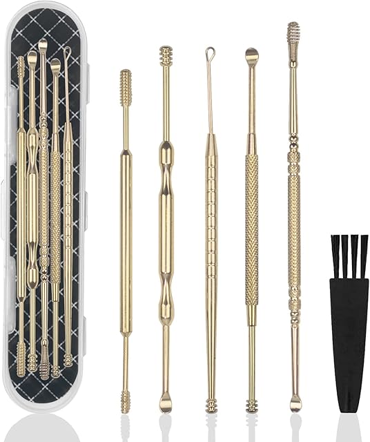 Hion 6 Pcs Extended Ear Wax Removal Kit,Professional Double-Headed Ear Pick Earwax Removal Tools,316L Stainless Steel Ear Cleaner Curette with Cleaning Brush and Storage Box,Suit for Kid Adult(Gold)