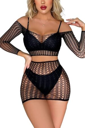 Women's Fishnet Dress Long Sleeve Top and Mini Skirt Lingerie Set