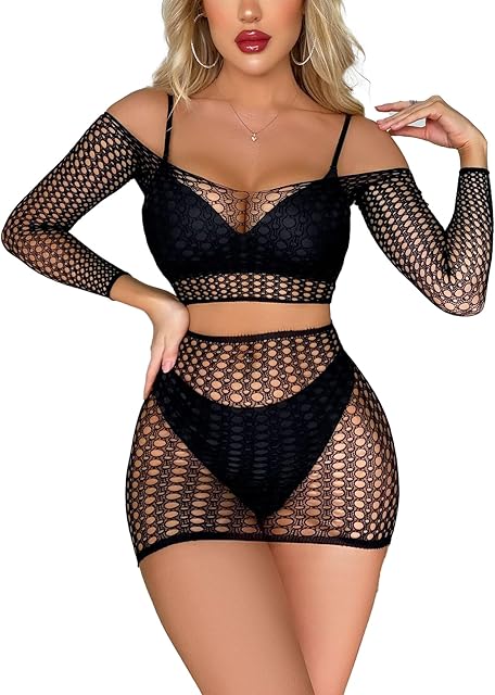 Women's Fishnet Dress Long Sleeve Top and Mini Skirt Lingerie Set