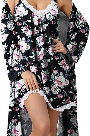 Women's Robes Set Sexy V-Neck 2 Piece Lingerie Nightgown With Robes Pajama Set Lace Cami Sleepwear